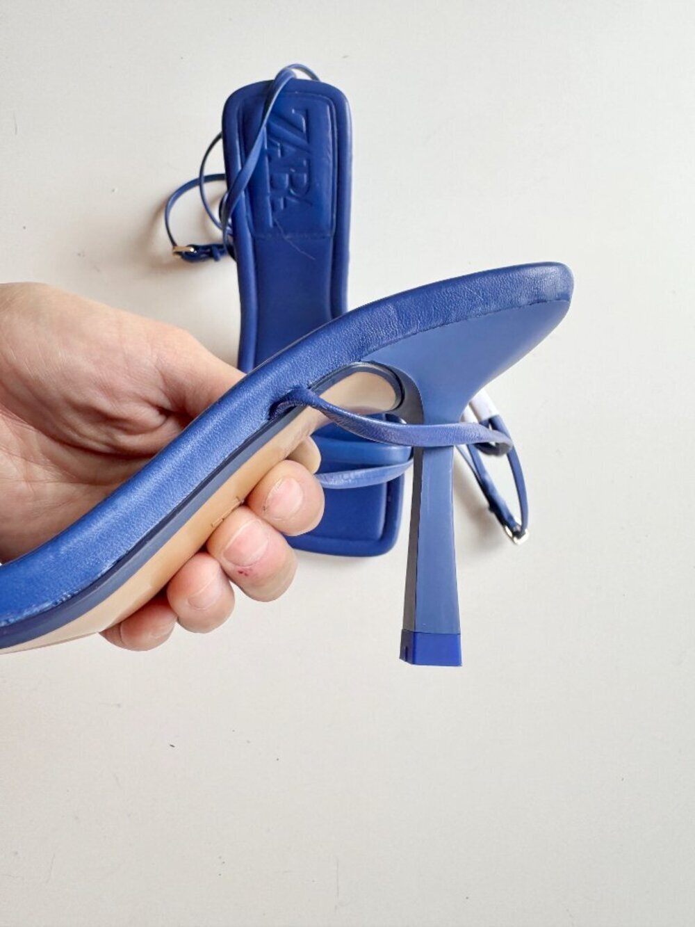 NWOT ZARA Blue Leather Square Toe Strappy High Heel Wraparound Sandals, Size 35 - Picture 9 of 14